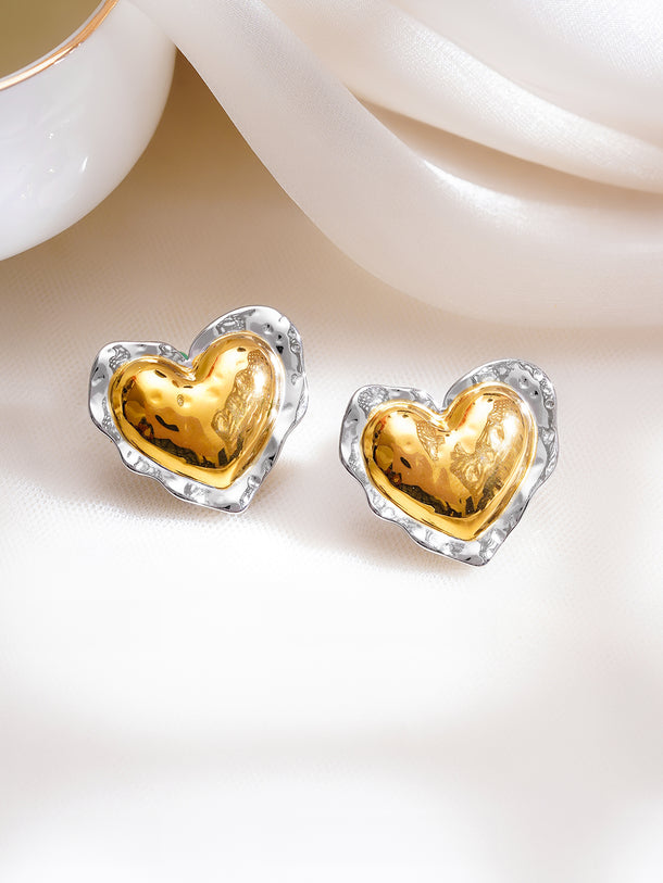 Demifine 18K Gold Plated Stainless Steel Dual Tone Molten Heart Stud Earrings