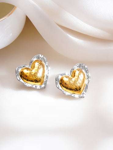 Demifine 18K Gold Plated Stainless Steel Dual Tone Molten Heart Stud Earrings