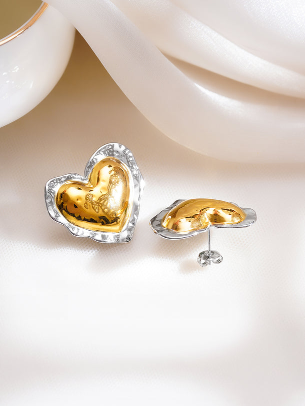 Demifine 18K Gold Plated Stainless Steel Dual Tone Molten Heart Stud Earrings