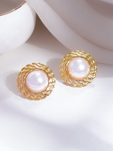 Gold Plated Pearl Textured Statement Stud Earrings