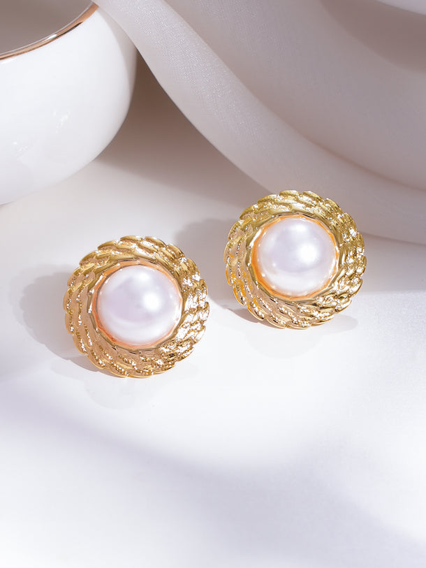 Gold Plated Pearl Textured Statement Stud Earrings