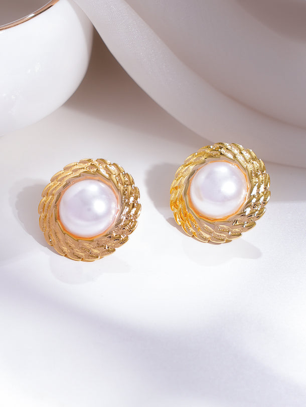 Gold Plated Pearl Textured Statement Stud Earrings