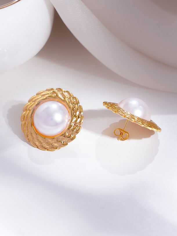 Gold Plated Pearl Textured Statement Stud Earrings