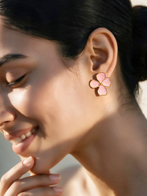 Gold Plated  pink four-petal enamel flower stud earrings
