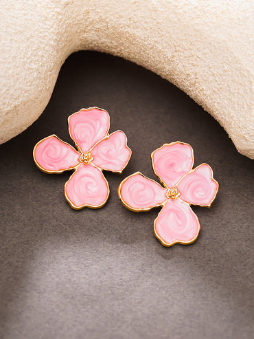 Gold Plated  pink four-petal enamel flower stud earrings