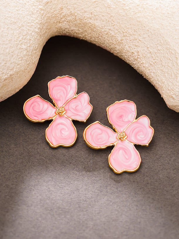 Gold Plated  pink four-petal enamel flower stud earrings