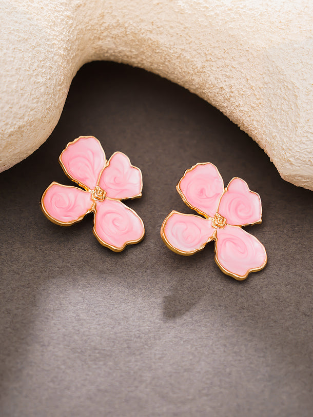 Gold Plated  pink four-petal enamel flower stud earrings