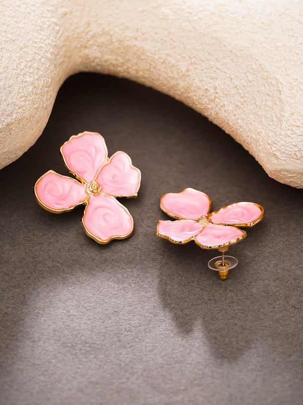 Gold Plated  pink four-petal enamel flower stud earrings