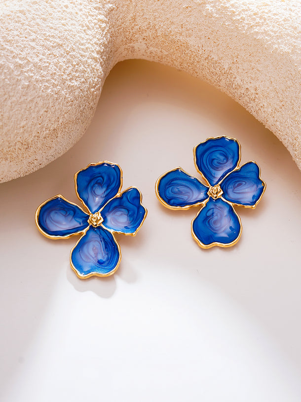 Gold Plated Petal Bloom Blue Enamel Floral Studs