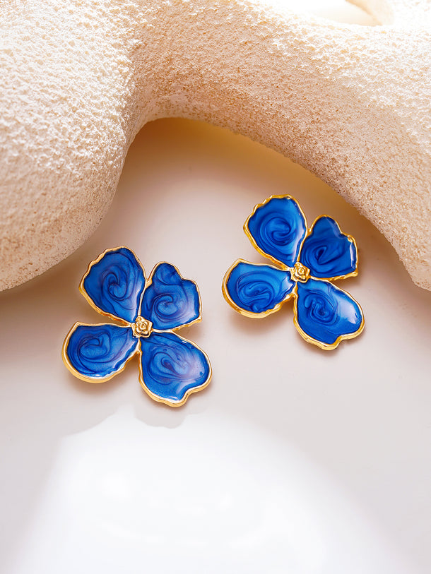 Gold Plated Petal Bloom Blue Enamel Floral Studs
