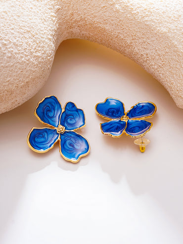 Gold Plated Petal Bloom Blue Enamel Floral Studs