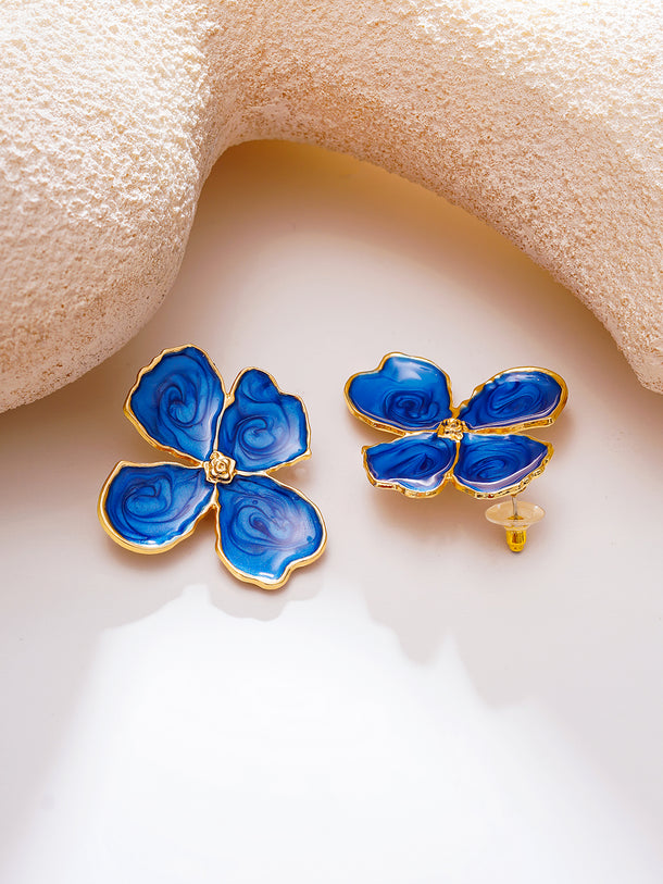Gold Plated Petal Bloom Blue Enamel Floral Studs