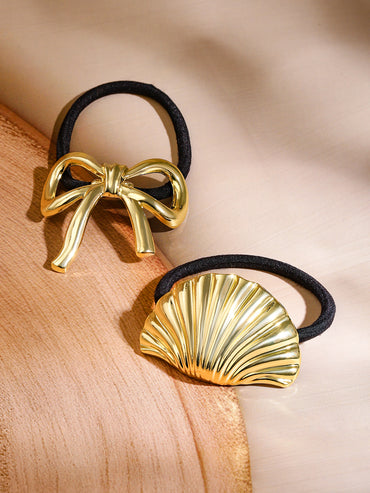 Rubans Set of 2 18K Gold Plated Luxe Bow & Sculpted Shell Design Hair Ties Accessories
