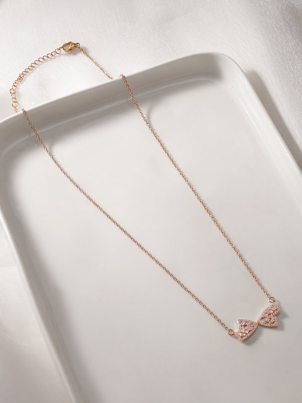 Crystal Bow Motif Rose Gold Pendant Necklace