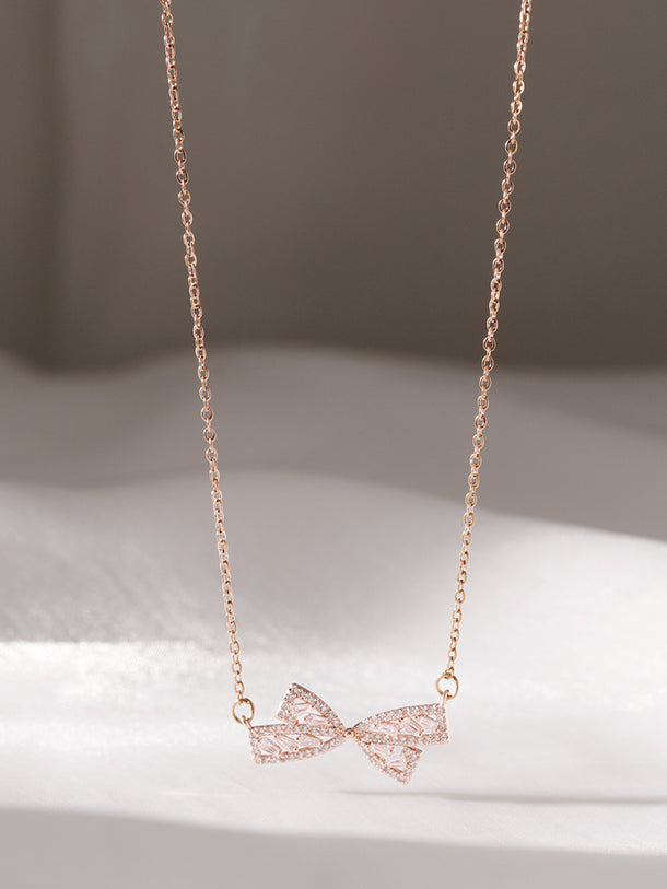 Crystal Bow Motif Rose Gold Pendant Necklace