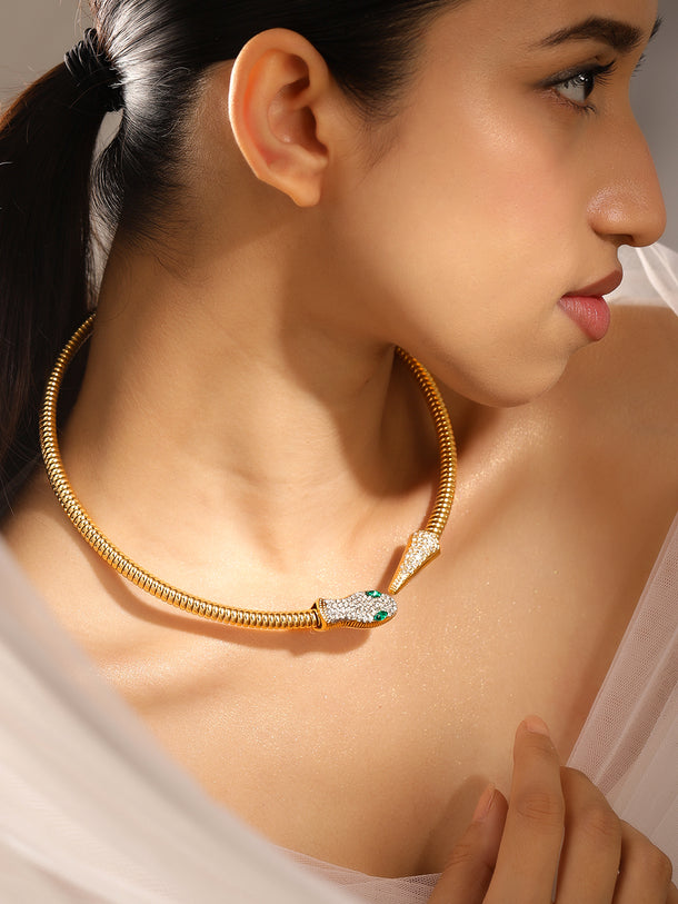 Crystal Studded Snake Motif Gold Collar Necklace