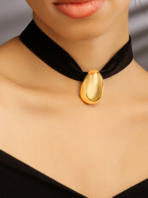 Black Statement Choker With Gold Charm