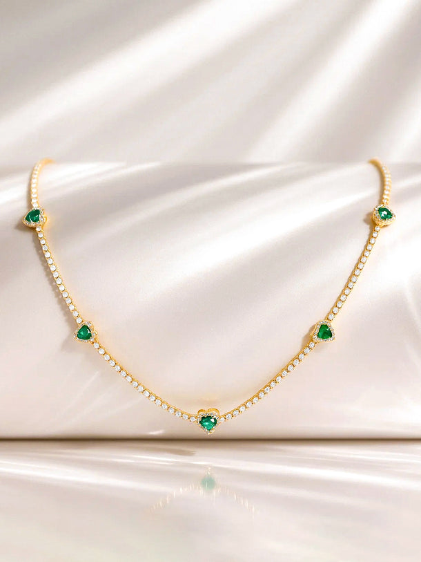 Green Heart Studded White Necklace