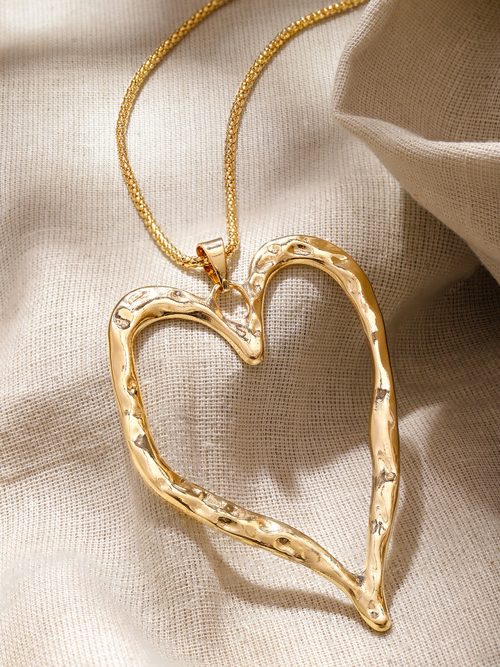 Rubans 18K Gold-Plated Brass Textured Heart Pendant Long Chain Statement Necklace