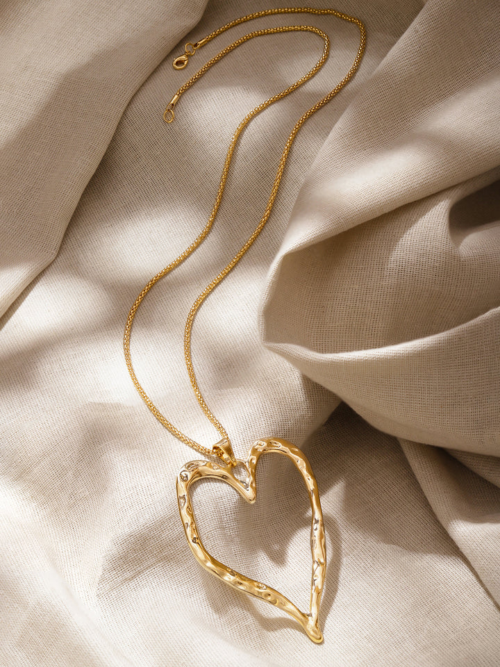 Rubans 18K Gold-Plated Brass Textured Heart Pendant Long Chain Statement Necklace