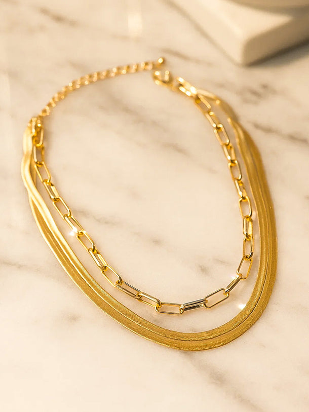 Snake & Paperclip Multi Layered Gold Necklace