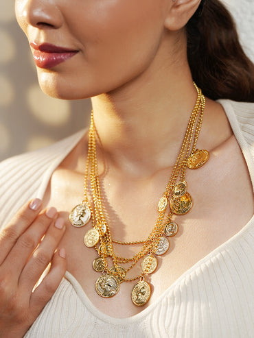 Gold Beaded Coin Motif Layered Necklace