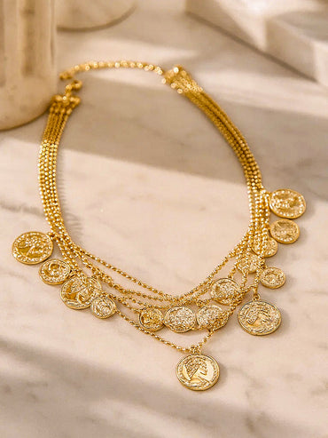 Gold Beaded Coin Motif Layered Necklace
