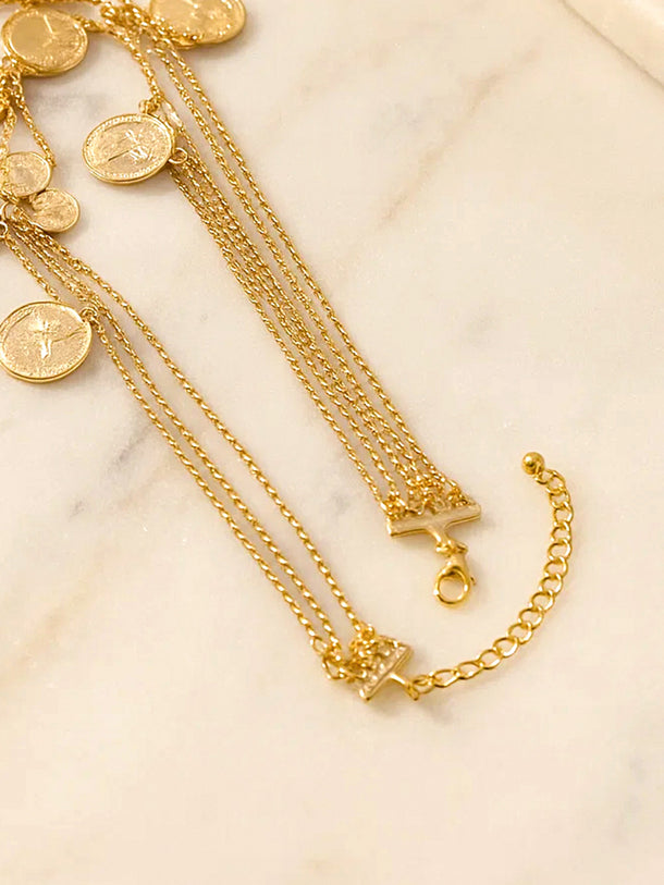 Gold Beaded Coin Motif Layered Necklace