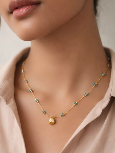 Demi Fine 18K Gold Plated Green Beaded Chain Shell Necklace | Anti Tarnish