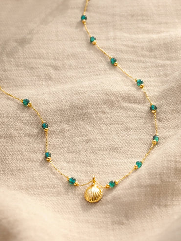 Demi Fine 18K Gold Plated Green Beaded Chain Shell Necklace | Anti Tarnish