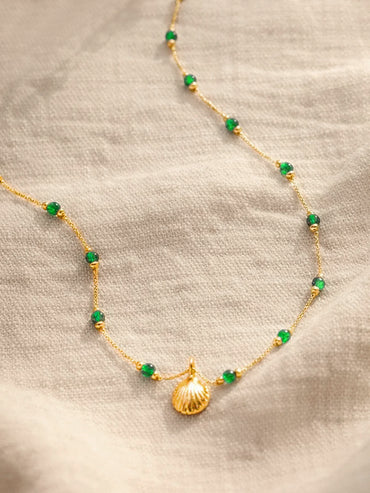 Demifine 18K Gold Plated Stainless steel Green Beaded Chain Shell Necklace