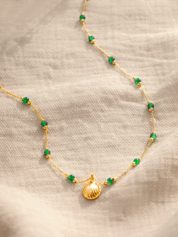 Demifine 18K Gold Plated Stainless steel Green Beaded Chain Shell Necklace