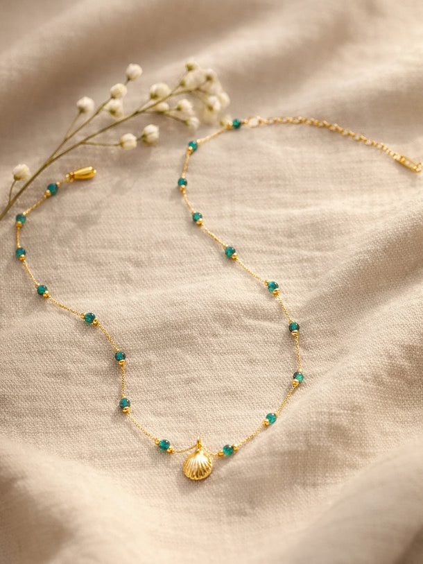 Demi Fine 18K Gold Plated Green Beaded Chain Shell Necklace | Anti Tarnish