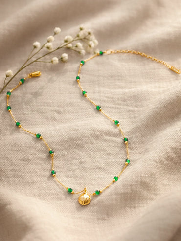 Demifine 18K Gold Plated Stainless steel Green Beaded Chain Shell Necklace