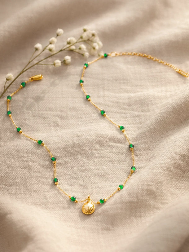 Demifine 18K Gold Plated Stainless steel Green Beaded Chain Shell Necklace