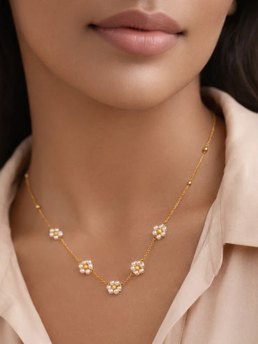 Demi Fine 18K Gold Plated Mini Pearl Flora Charm Chain Necklace | Anti Tarnish