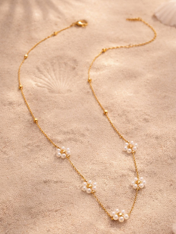 Demi Fine 18K Gold Plated Mini Pearl Flora Charm Chain Necklace | Anti Tarnish