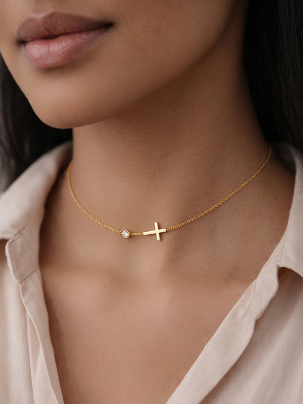 Demi Fine 18K Gold Plated Cross Bar Chain Crystal Necklace | Anti Tarnish