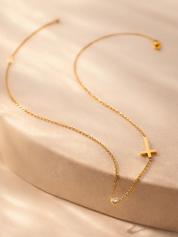 Demi Fine 18K Gold Plated Cross Bar Chain Crystal Necklace | Anti Tarnish
