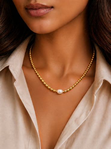 Demifine 18K Gold Plated Stainless steel Oval Pearl Chain Necklace