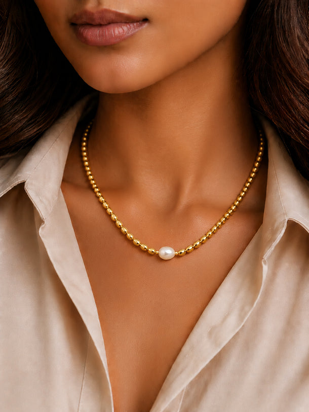 Demifine 18K Gold Plated Stainless steel Oval Pearl Chain Necklace