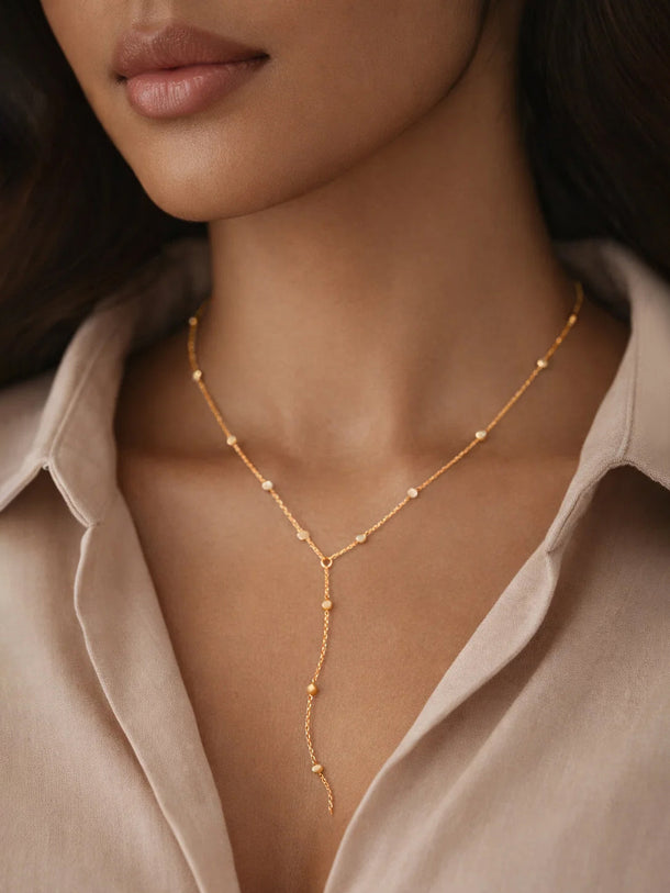 Demi Fine 18K Gold Plated Ball Bead Chain Lariat Drop Necklace | Anti Tarnish