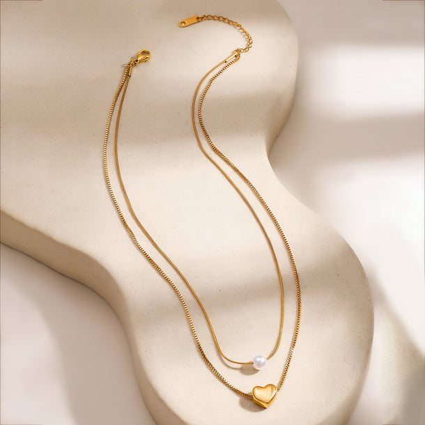 Demifine 18K Gold Plated Stainless Steel Heart & Pearl Layered Necklace
