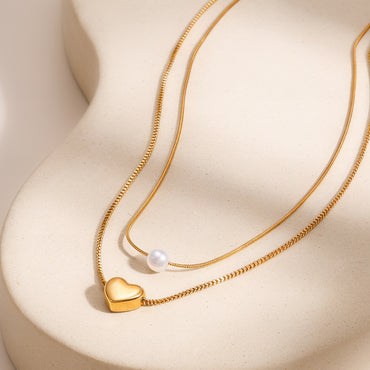 Demifine 18K Gold Plated Stainless Steel Heart & Pearl Layered Necklace