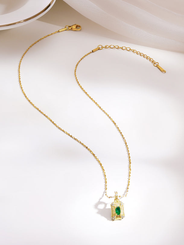 Demifine 18K Gold Plated Stainless Steel Green Crystal Pendant Necklace
