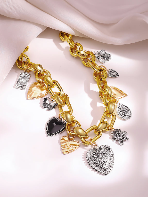 Dual Tone Heart Charm Chunky Chain Necklace