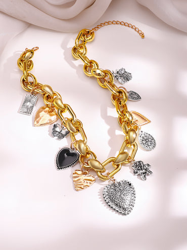 Dual Tone Heart Charm Chunky Chain Necklace