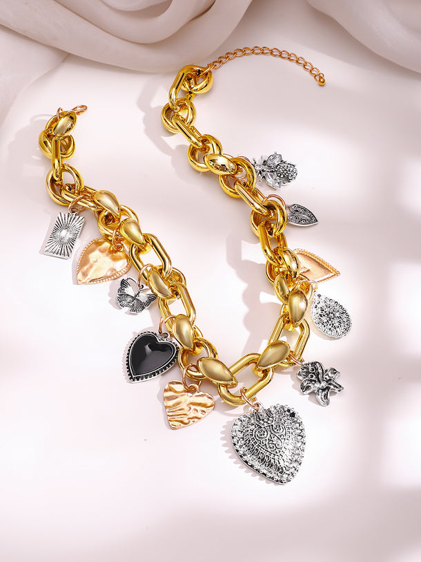 Dual Tone Heart Charm Chunky Chain Necklace