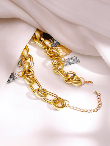 Dual Tone Heart Charm Chunky Chain Necklace