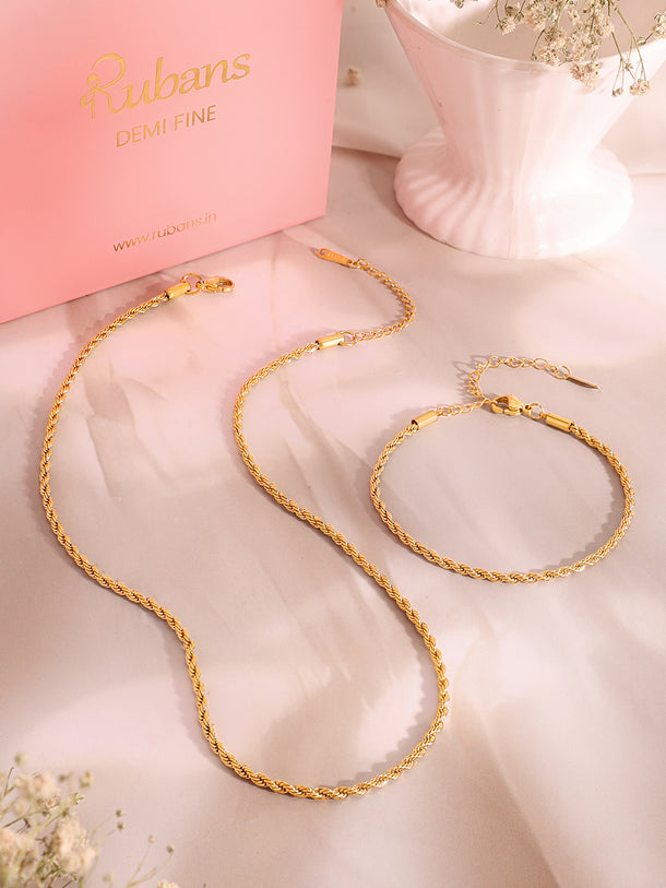 Demi Fine 18k Gold Plated Stainless Steel Twisted Rope Chain & Bracelet Set